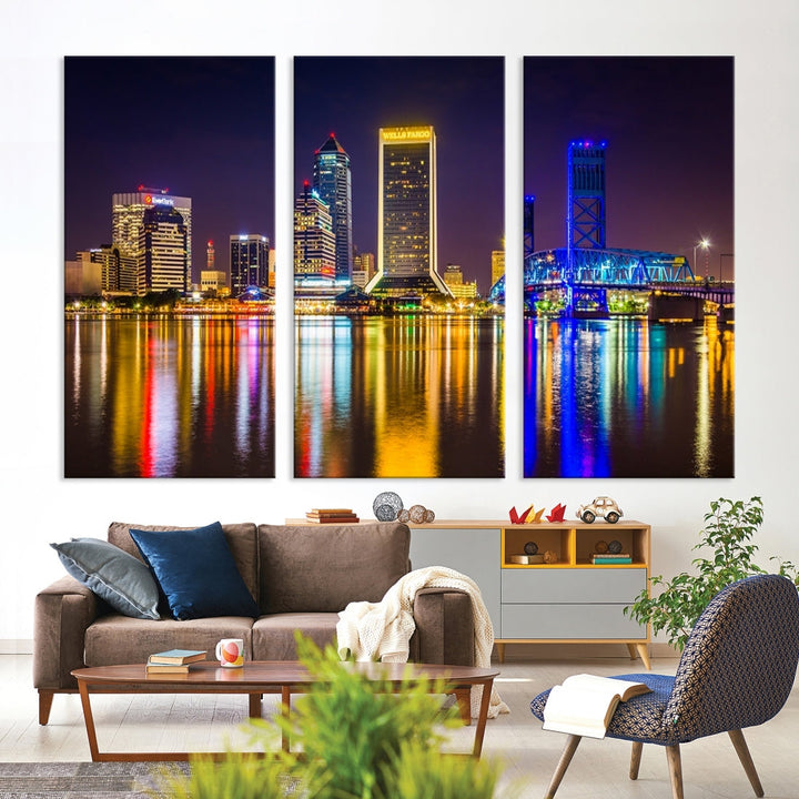 The Jacksonville City cityscape wall art captures a vibrant city skyline at night with colorful reflections in the water and is elegantly displayed on museum-quality gallery wrapped canvas.