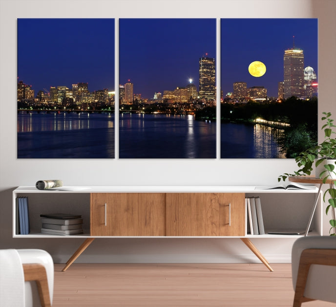 Luces de la ciudad de Boston, horizonte nocturno de luna llena, vista del paisaje urbano, arte de pared grande, impresión en lienzo