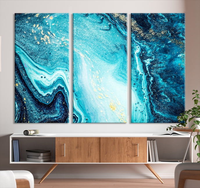 Arte de pared grande con efecto fluido de mármol azul neón y dorado, lienzo abstracto moderno, impresión artística de pared