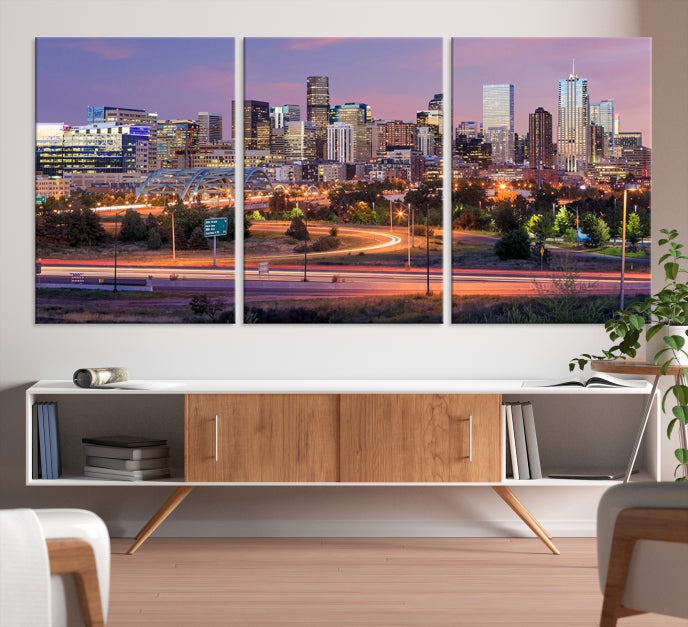 Denver City Lights Coucher de soleil Violet Skyline Paysage urbain Vue Art mural Impression sur toile