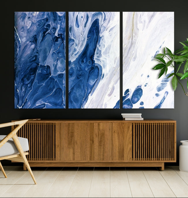 Arte de pared grande con efecto fluido de mármol azul marino, lienzo abstracto moderno, impresión artística de pared