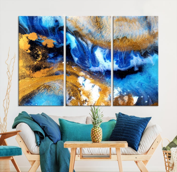 Blue Orange Marble Fluid Effect Wall Art Abstract Canvas Wall Art Print