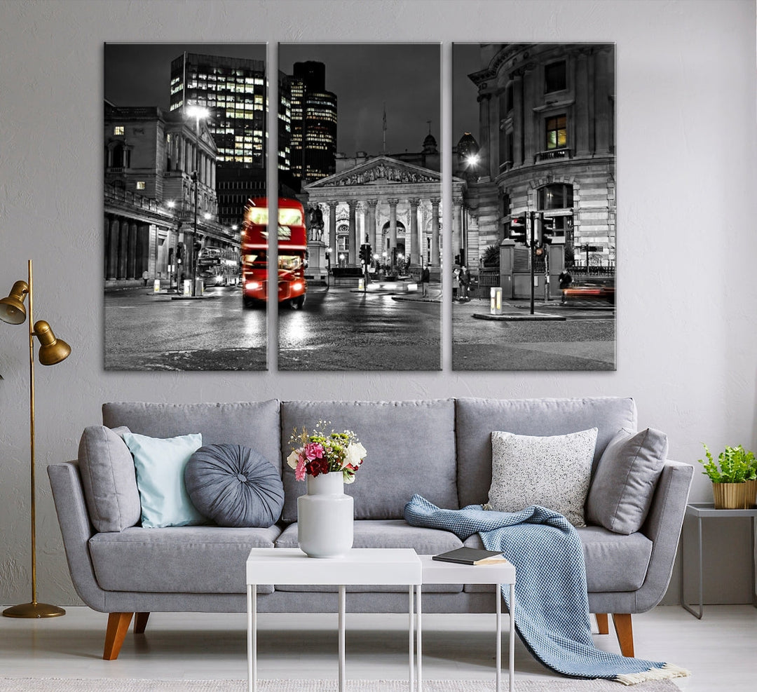 London Night Red Bus Wall Art Canvas Print, London Black and White Wall Art