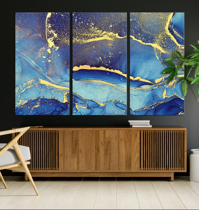 Splash Yellow Color Blue Marble Abstract Canvas Wall Art Print