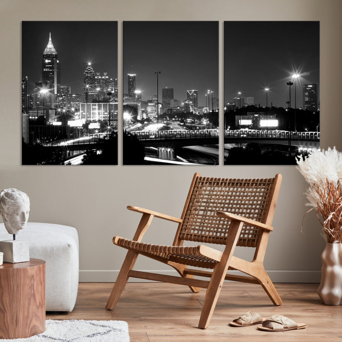 Atlanta City Lights Skyline Art mural noir et blanc Paysage urbain Impression sur toile