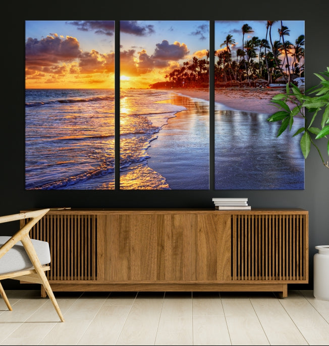 Tropical Sunset Beach Canvas Wall Art – Coastal Triptych Landscape Print – Ocean Sunset Decor for Living Room or Bedroom – Ready to Hang