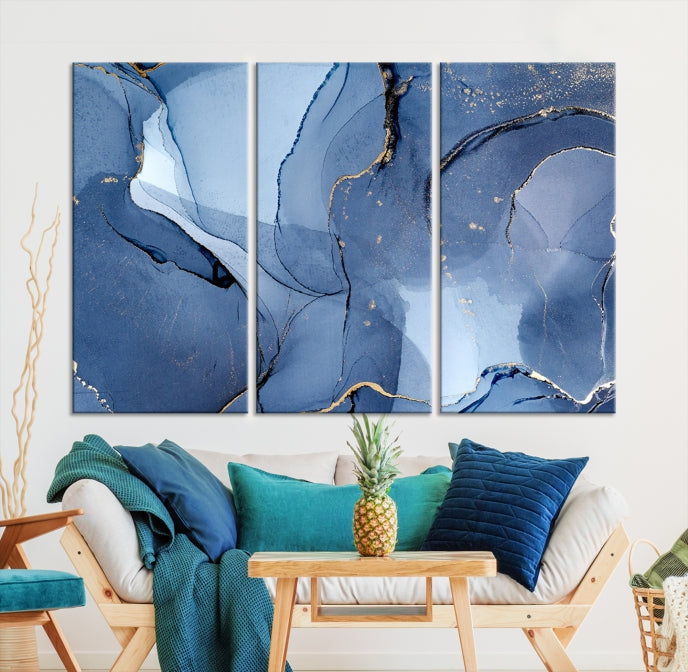 Arte de pared grande con efecto fluido de mármol azul, lienzo abstracto moderno, impresión artística de pared