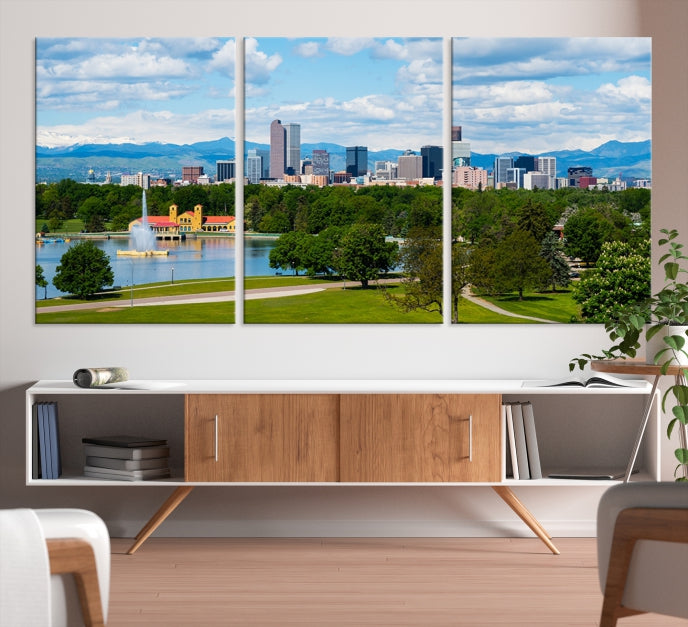 Denver City Park in Spring Cloudy Skyline Cityscape View Wall Art Canvas Print