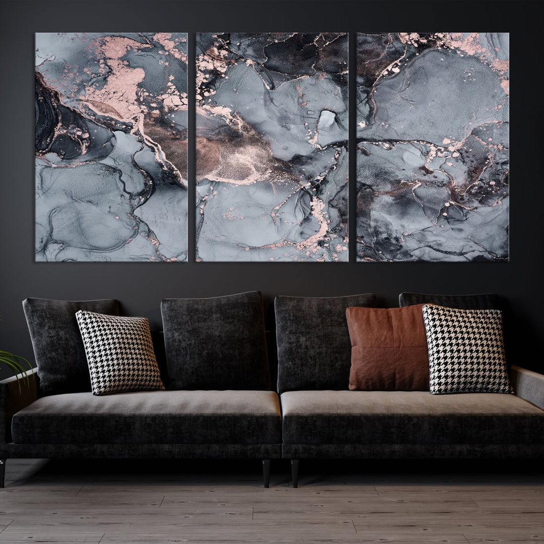Impresión de arte de pared grande con efecto fluido de mármol gris y oro rosa, lienzo abstracto moderno