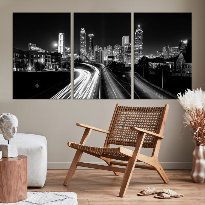 Skyline de luces de la ciudad de Atlanta Arte de pared en blanco y negro Paisaje urbano Lienzo