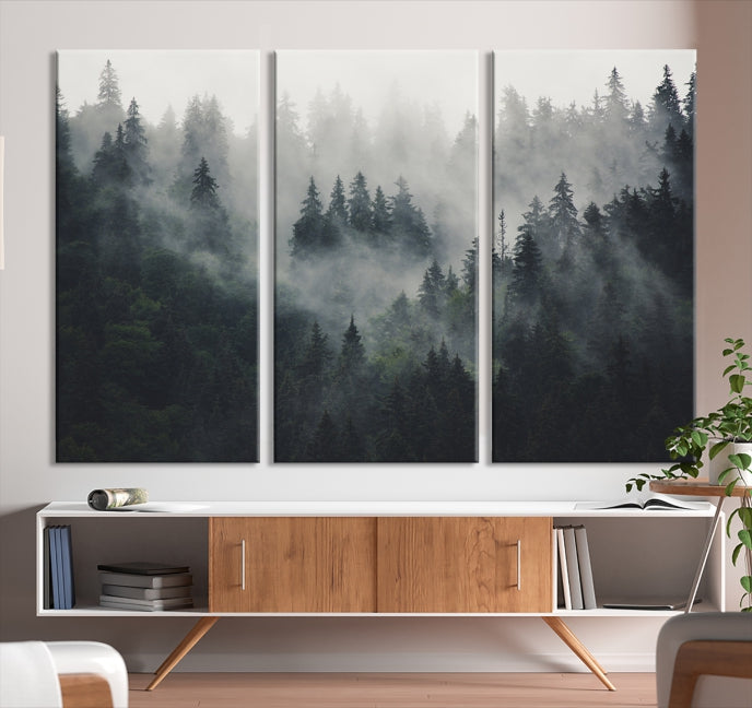 Misty Forest Canvas Wall Art – Serene Triptych Nature Print – Woodland Landscape Decor for Living Room or Office – Ready to Hang