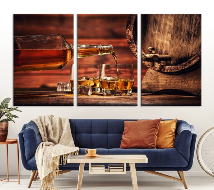 Lienzo decorativo para pared grande con whisky y barril