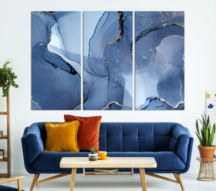 Arte de pared grande con efecto fluido de mármol azul, lienzo abstracto moderno, impresión artística de pared