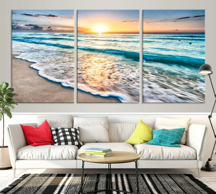 Sunset Beach Waves Canvas Wall Art – 5-Panel Ocean Sunset Print – Coastal Decor for Living Room or Bedroom – Ready to Hang