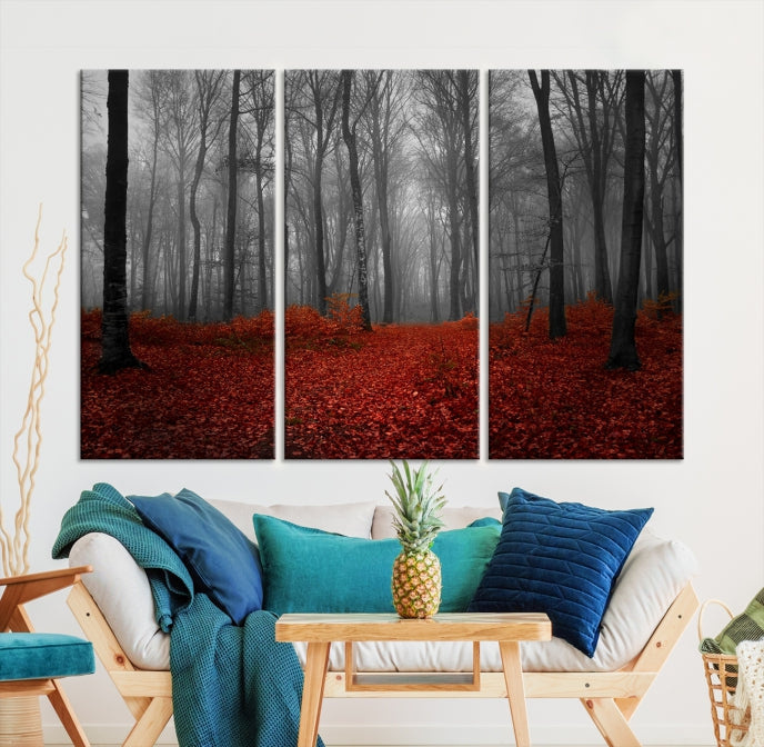 Red Forest Floor Canvas Wall Art – Mystical Foggy Woodland Triptych – Nature-Inspired Decor for Living Room or Bedroom – Ready to Hang