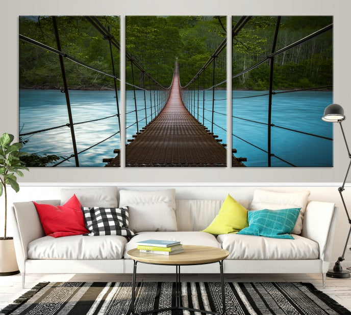 Suspension Bridge in Forest Wall Art Canvas Print