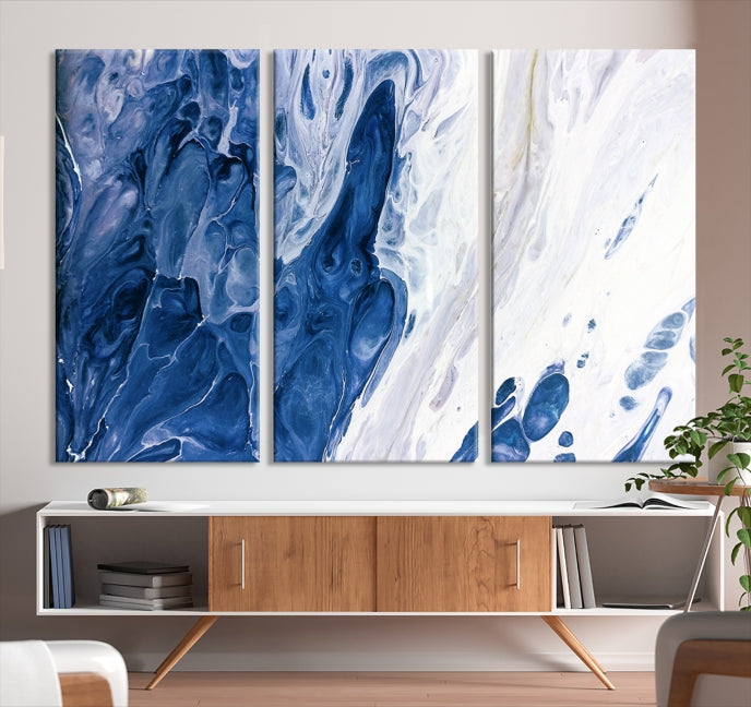 Arte de pared grande con efecto fluido de mármol azul marino, lienzo abstracto moderno, impresión artística de pared