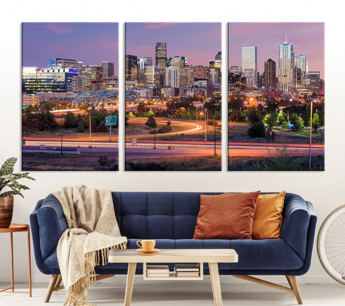 Impresión en lienzo de arte de pared grande con vista del paisaje urbano del horizonte púrpura del atardecer de las luces de la ciudad de Denver