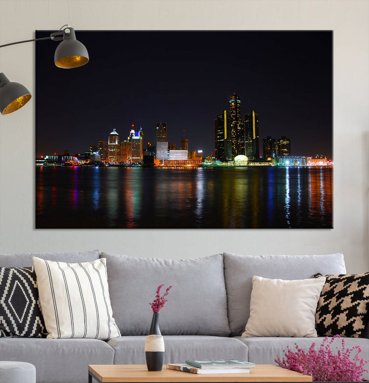 Detroit City Lights Night Skyline Cityscape View Wall Art Canvas Print