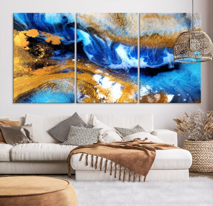 Blue Orange Marble Fluid Effect Wall Art Abstract Canvas Wall Art Print