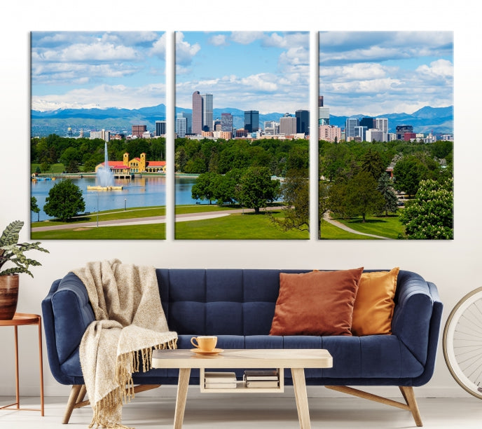 Denver City Park in Spring Cloudy Skyline Cityscape View Wall Art Canvas Print