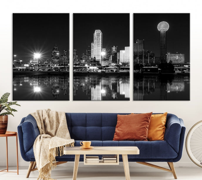 Dallas City Lights Skyline Art mural noir et blanc Paysage urbain Impression sur toile