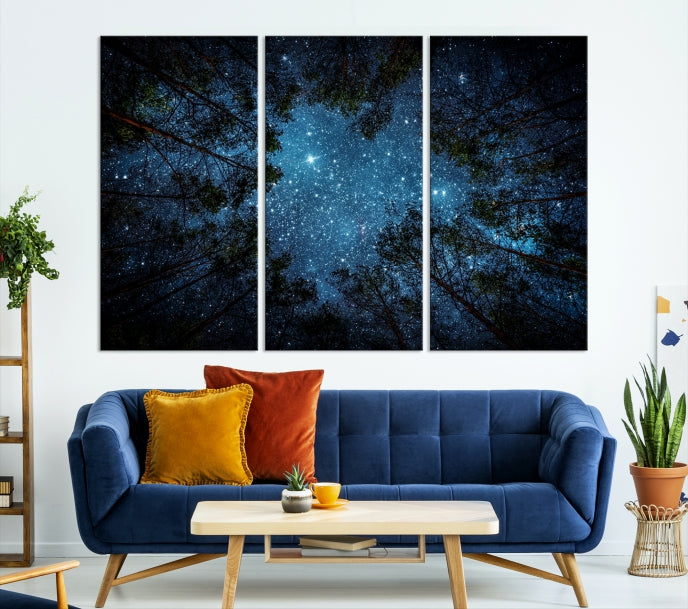 Lienzo decorativo para pared grande con bosque y estrellas