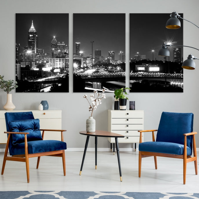 Atlanta City Lights Skyline Art mural noir et blanc Paysage urbain Impression sur toile