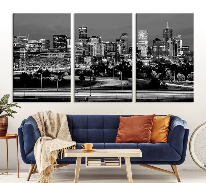 Denver City Lights Skyline Black and White Wall Art Cityscape Canvas Print