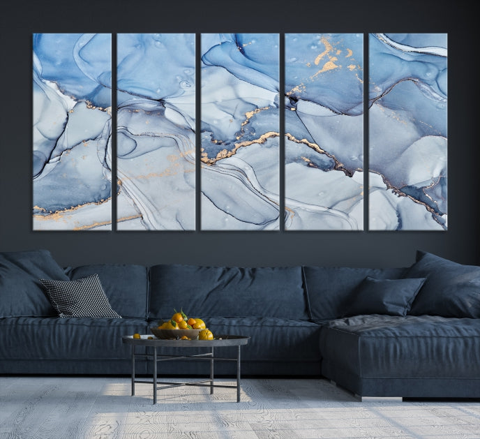 Arte de pared grande con efecto fluido de mármol azul hielo, lienzo abstracto moderno, impresión artística de pared