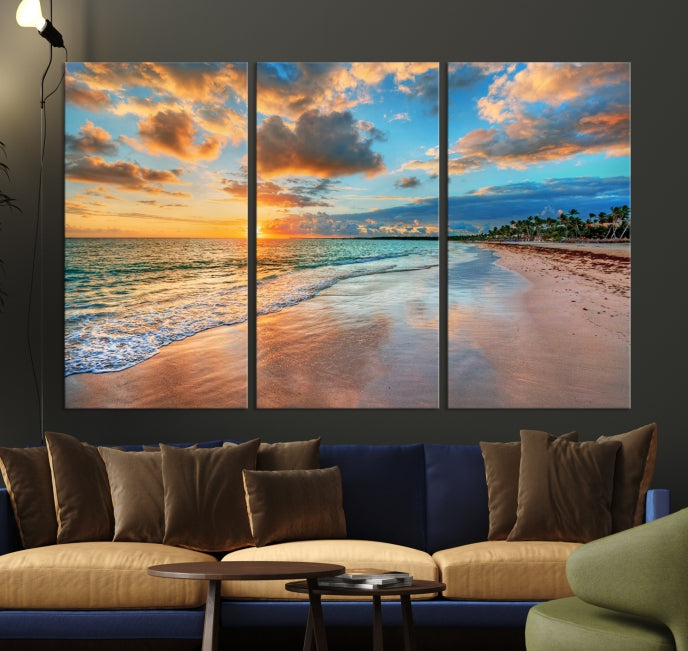 Sunset Beach Canvas Wall Art – Tropical Triptych Seascape Print – Coastal Ocean Decor for Living Room or Bedroom – Ready to Hang