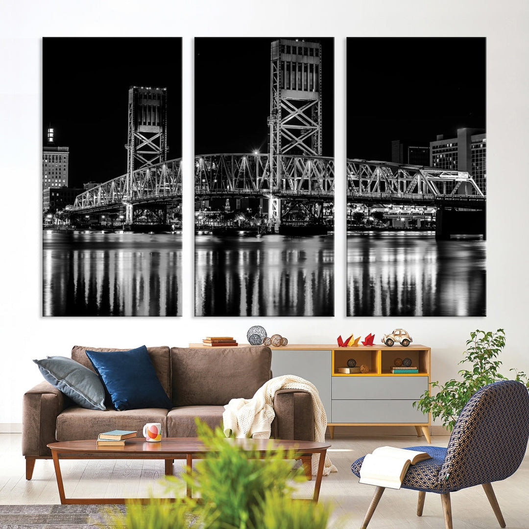 The Jacksonville City Bridge Night Wall Art Canvas Print is a black and white triptych depicting the city bridge at night. It features a UV-protective coating on museum-quality canvas.