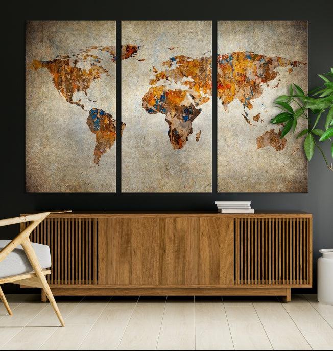 A triptych of Vintage World Map Canvas Prints adorns a textured background.