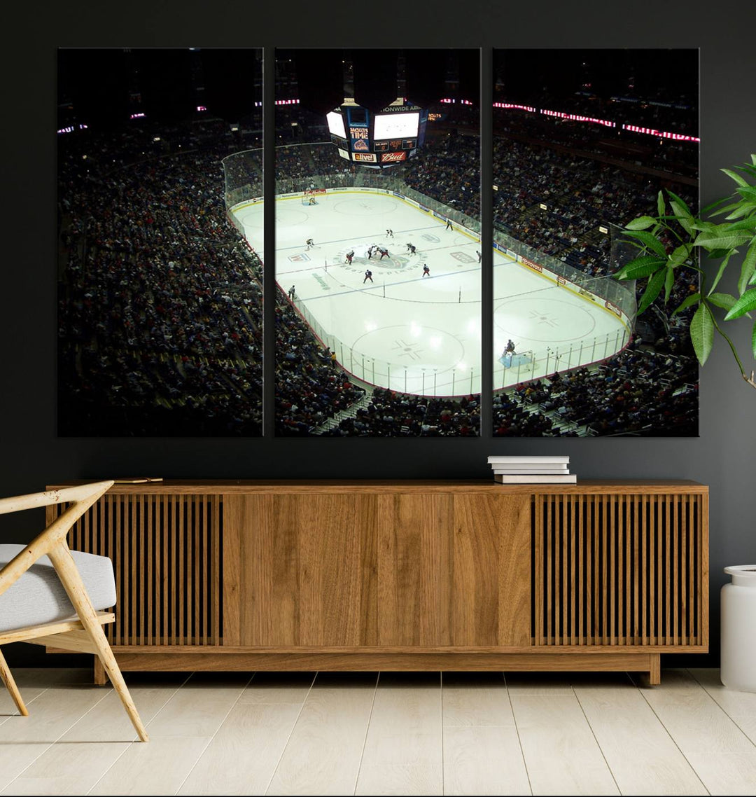 The Nationwide Arena Ohio Columbus Blue Jackets Hockey Stadium Wall Art Canvas Print, featuring high-resolution images on museum-quality canvas, adds dynamic energy to the space.