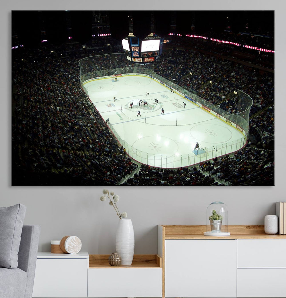 The Nationwide Arena Ohio Columbus Blue Jackets Hockey Stadium Wall Art Canvas Print, featuring high-resolution images on museum-quality canvas, adds dynamic energy to the space.