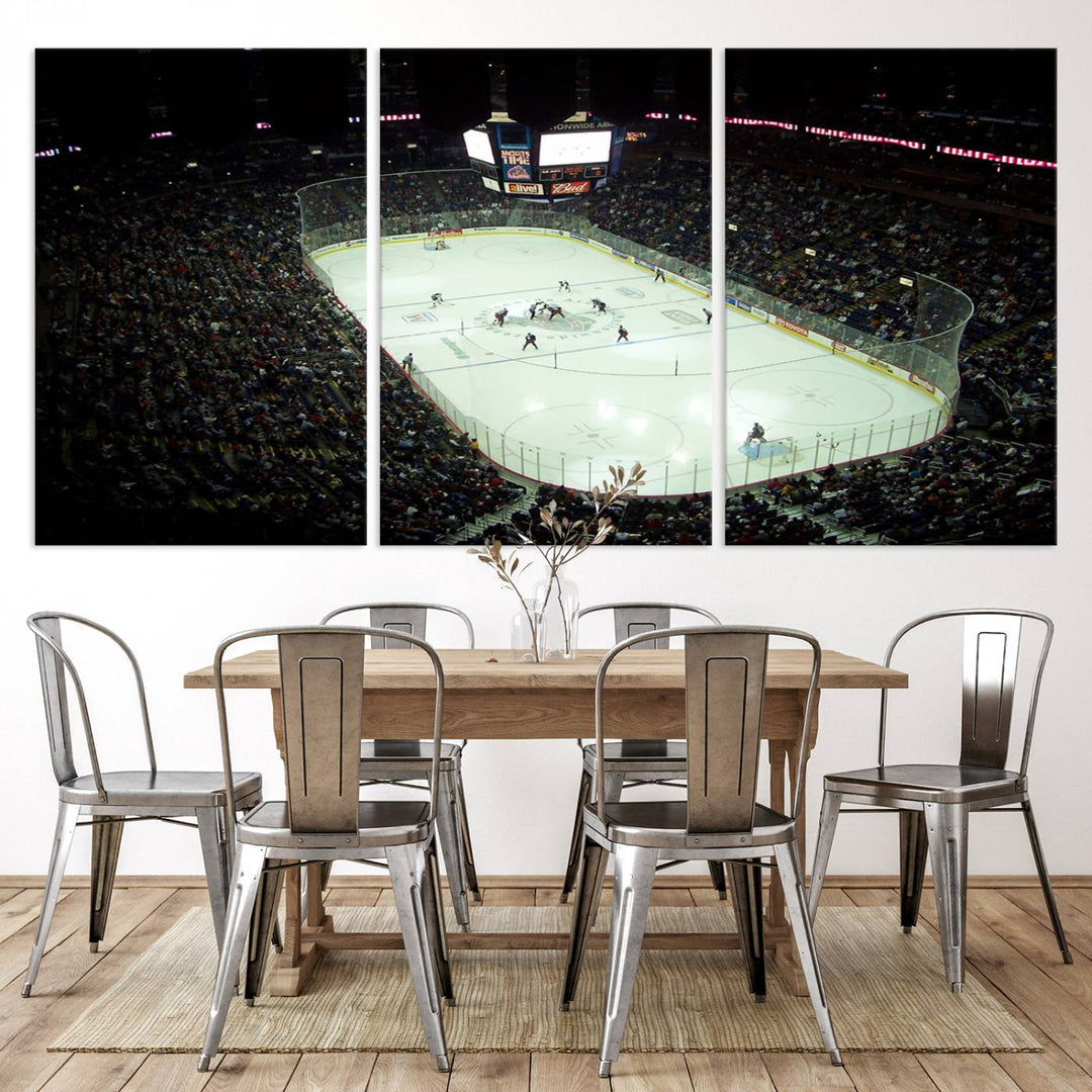 The Nationwide Arena Ohio Columbus Blue Jackets Hockey Stadium Wall Art Canvas Print, featuring high-resolution images on museum-quality canvas, adds dynamic energy to the space.