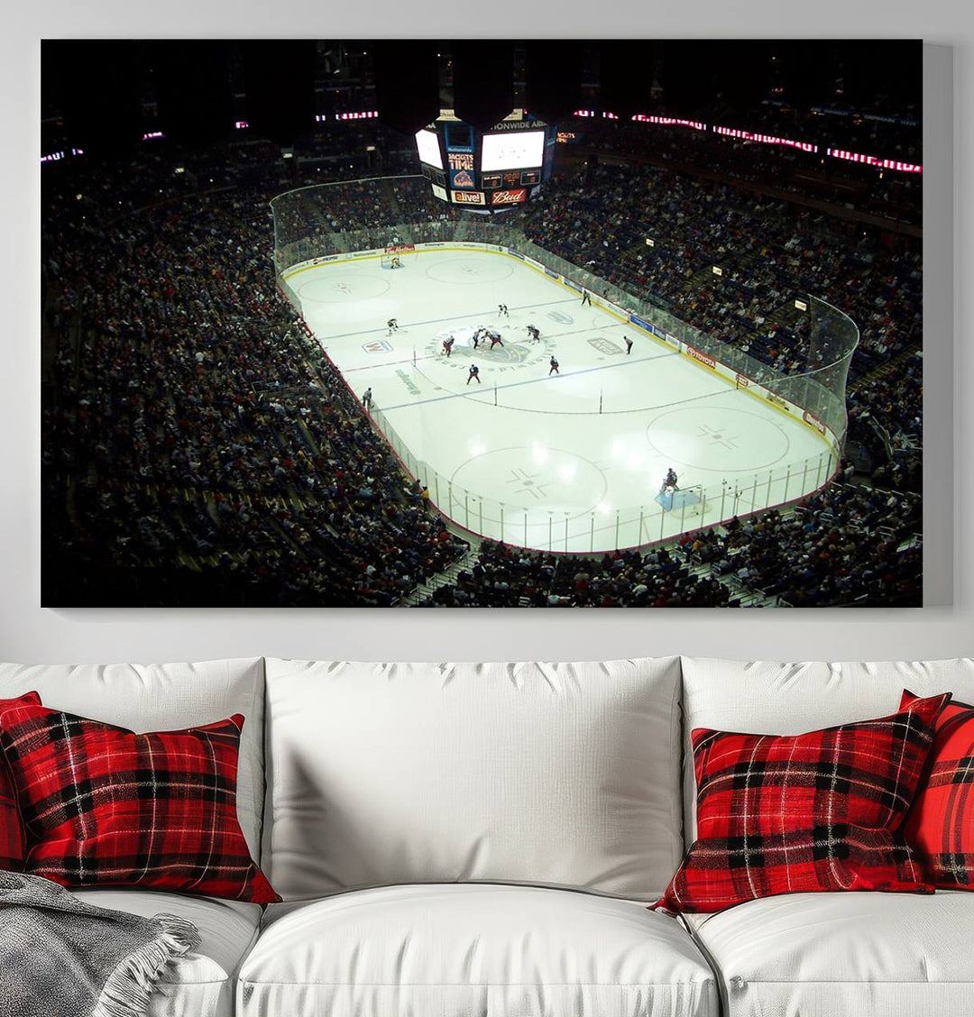 The Nationwide Arena Ohio Columbus Blue Jackets Hockey Stadium Wall Art Canvas Print, featuring high-resolution images on museum-quality canvas, adds dynamic energy to the space.