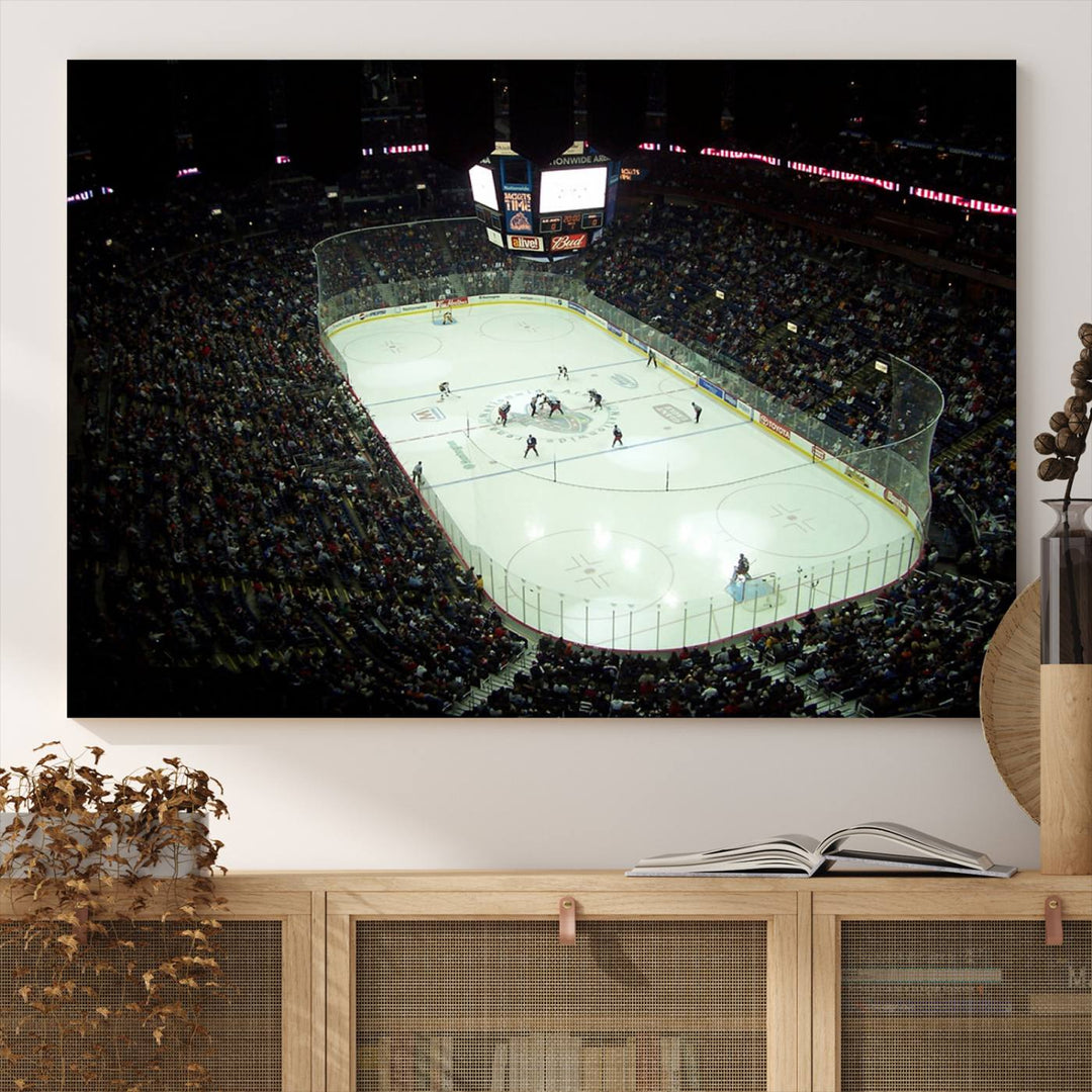 The Nationwide Arena Ohio Columbus Blue Jackets Hockey Stadium Wall Art Canvas Print, featuring high-resolution images on museum-quality canvas, adds dynamic energy to the space.