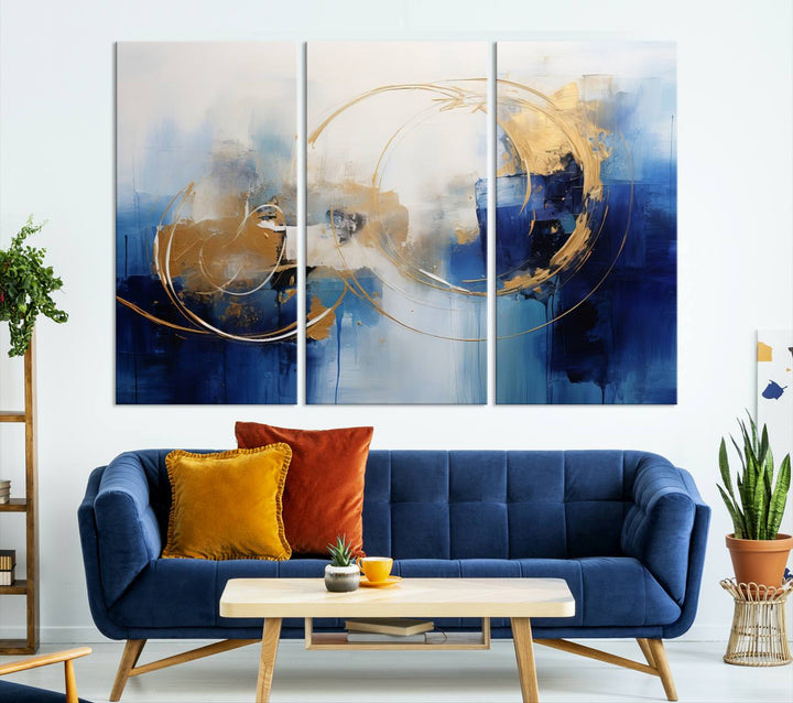 The Navy Blue Abstract Wall Art Canvas Print, featuring a UV-protective coating and a ready-to-hang design, enhances the living room wall. Crafted on museum-quality canvas, its vibrant hues ensure enduring brilliance.