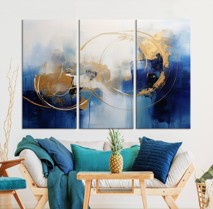 The Navy Blue Abstract Wall Art Canvas Print, featuring a UV-protective coating and a ready-to-hang design, enhances the living room wall. Crafted on museum-quality canvas, its vibrant hues ensure enduring brilliance.