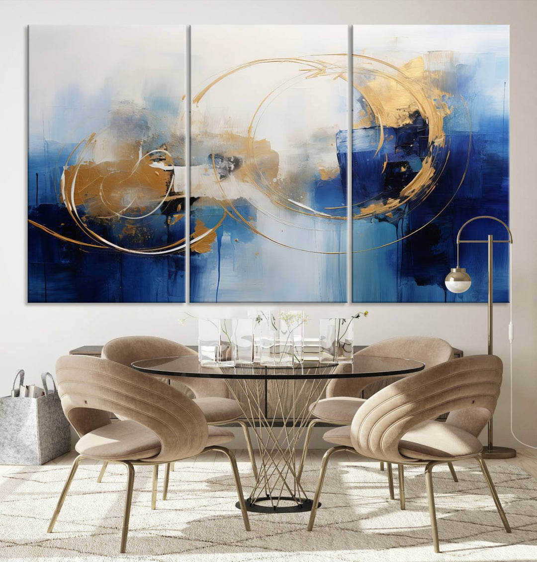 The Navy Blue Abstract Wall Art Canvas Print, featuring a UV-protective coating and a ready-to-hang design, enhances the living room wall. Crafted on museum-quality canvas, its vibrant hues ensure enduring brilliance.