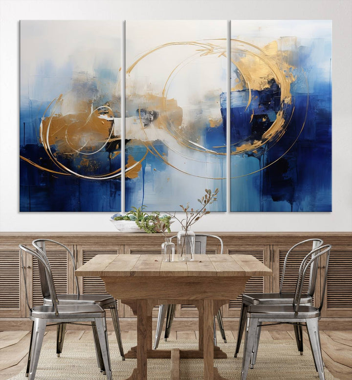 The Navy Blue Abstract Wall Art Canvas Print, featuring a UV-protective coating and a ready-to-hang design, enhances the living room wall. Crafted on museum-quality canvas, its vibrant hues ensure enduring brilliance.