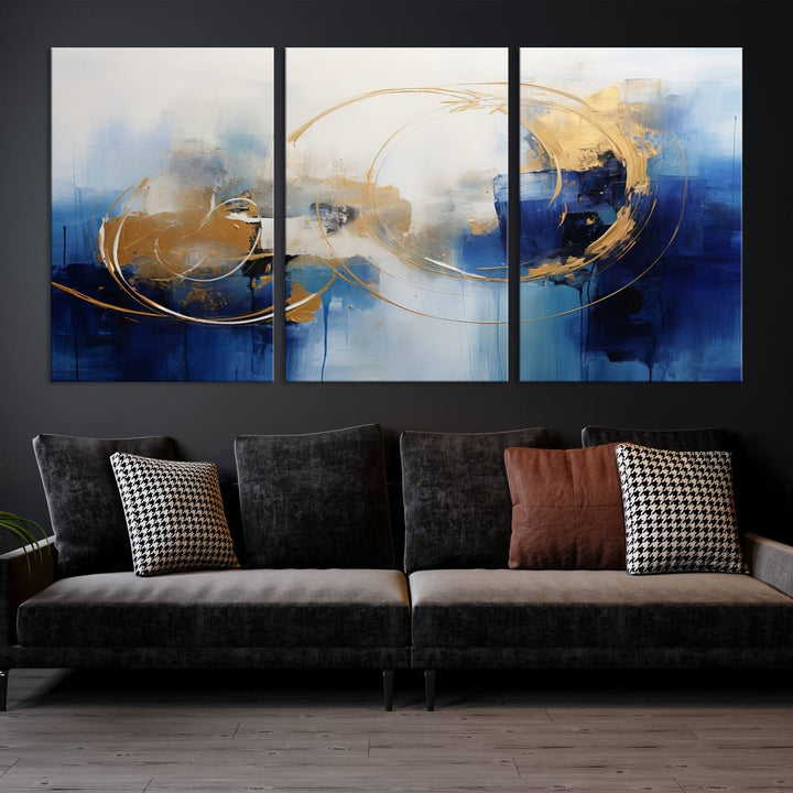 The Navy Blue Abstract Wall Art Canvas Print, featuring a UV-protective coating and a ready-to-hang design, enhances the living room wall. Crafted on museum-quality canvas, its vibrant hues ensure enduring brilliance.