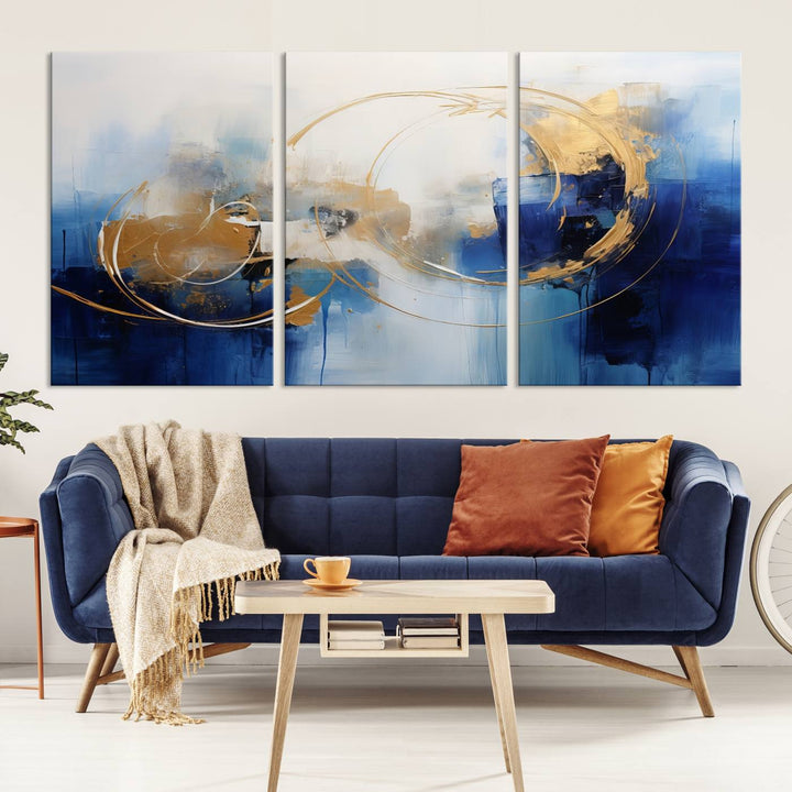 The Navy Blue Abstract Wall Art Canvas Print, featuring a UV-protective coating and a ready-to-hang design, enhances the living room wall. Crafted on museum-quality canvas, its vibrant hues ensure enduring brilliance.