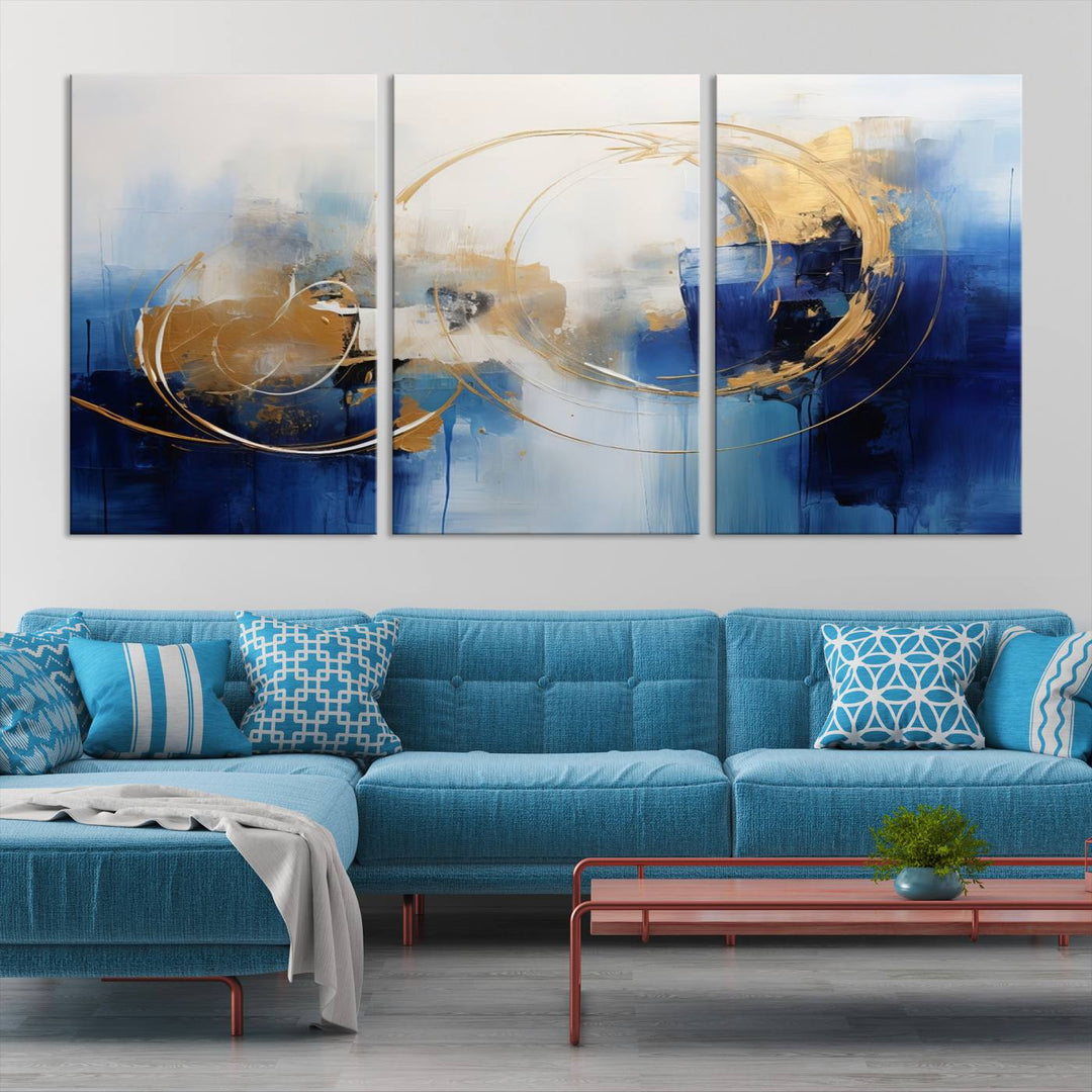 The Navy Blue Abstract Wall Art Canvas Print, featuring a UV-protective coating and a ready-to-hang design, enhances the living room wall. Crafted on museum-quality canvas, its vibrant hues ensure enduring brilliance.