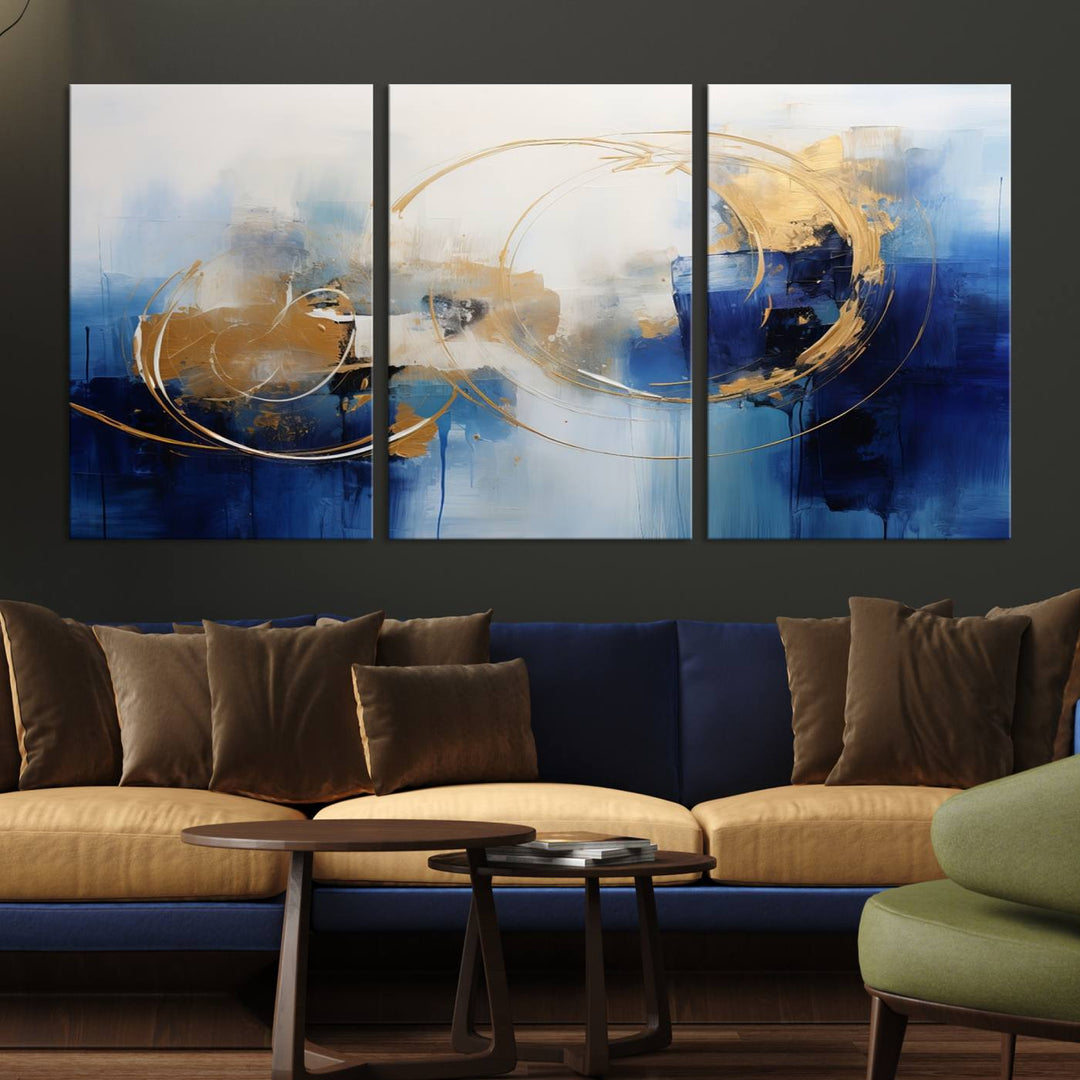 The Navy Blue Abstract Wall Art Canvas Print, featuring a UV-protective coating and a ready-to-hang design, enhances the living room wall. Crafted on museum-quality canvas, its vibrant hues ensure enduring brilliance.