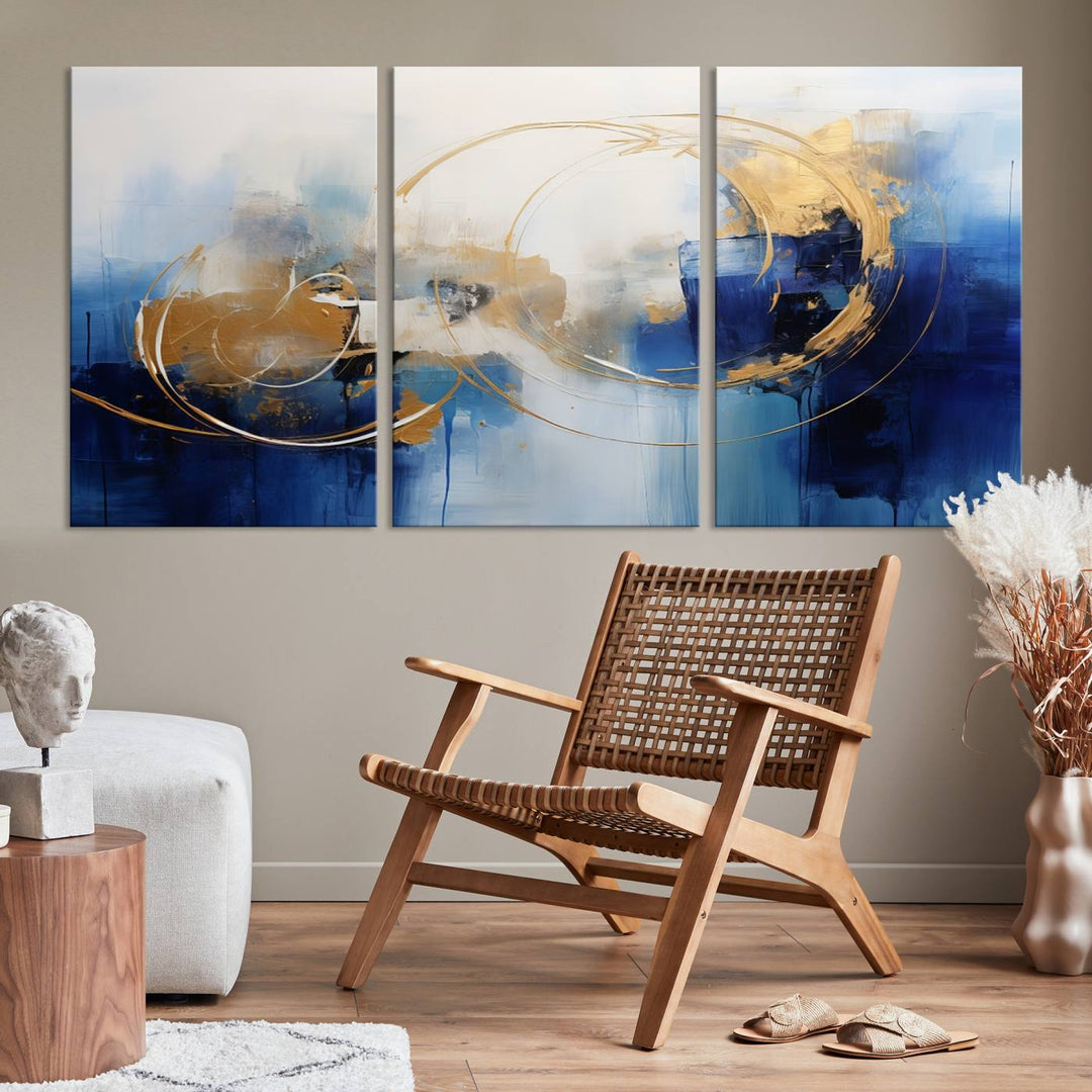 The Navy Blue Abstract Wall Art Canvas Print, featuring a UV-protective coating and a ready-to-hang design, enhances the living room wall. Crafted on museum-quality canvas, its vibrant hues ensure enduring brilliance.