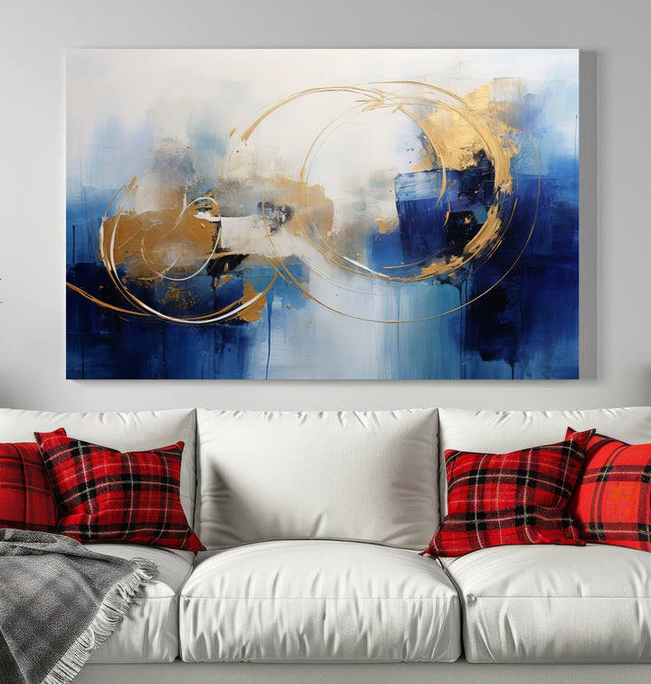 The Navy Blue Abstract Wall Art Canvas Print, featuring a UV-protective coating and a ready-to-hang design, enhances the living room wall. Crafted on museum-quality canvas, its vibrant hues ensure enduring brilliance.