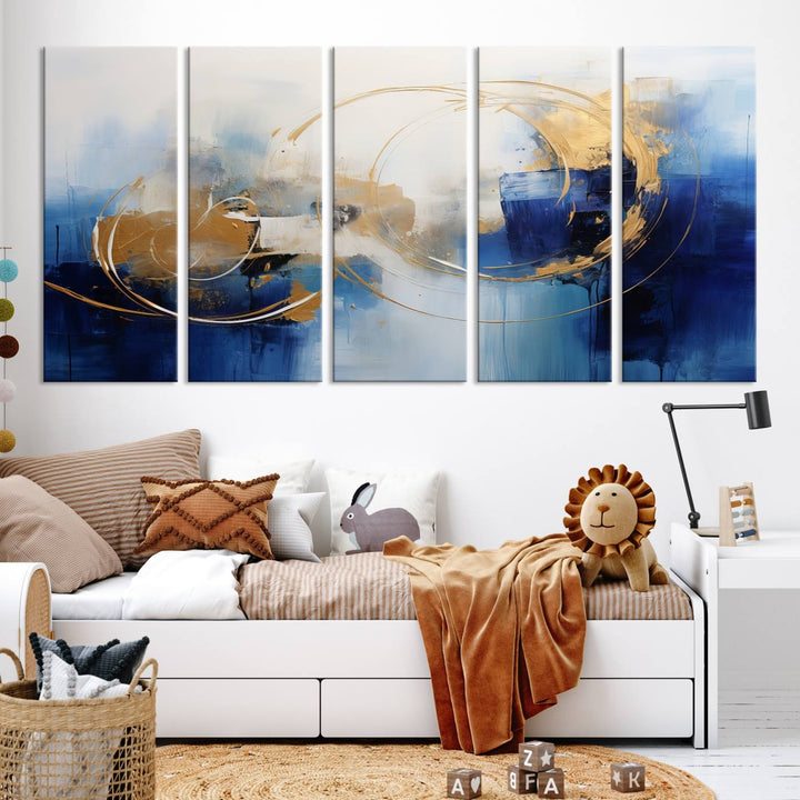 The Navy Blue Abstract Wall Art Canvas Print, featuring a UV-protective coating and a ready-to-hang design, enhances the living room wall. Crafted on museum-quality canvas, its vibrant hues ensure enduring brilliance.