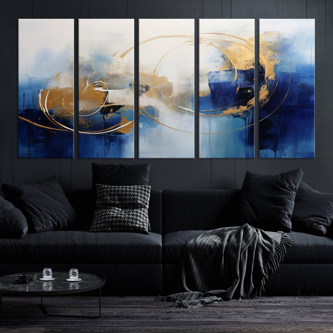 The Navy Blue Abstract Wall Art Canvas Print, featuring a UV-protective coating and a ready-to-hang design, enhances the living room wall. Crafted on museum-quality canvas, its vibrant hues ensure enduring brilliance.